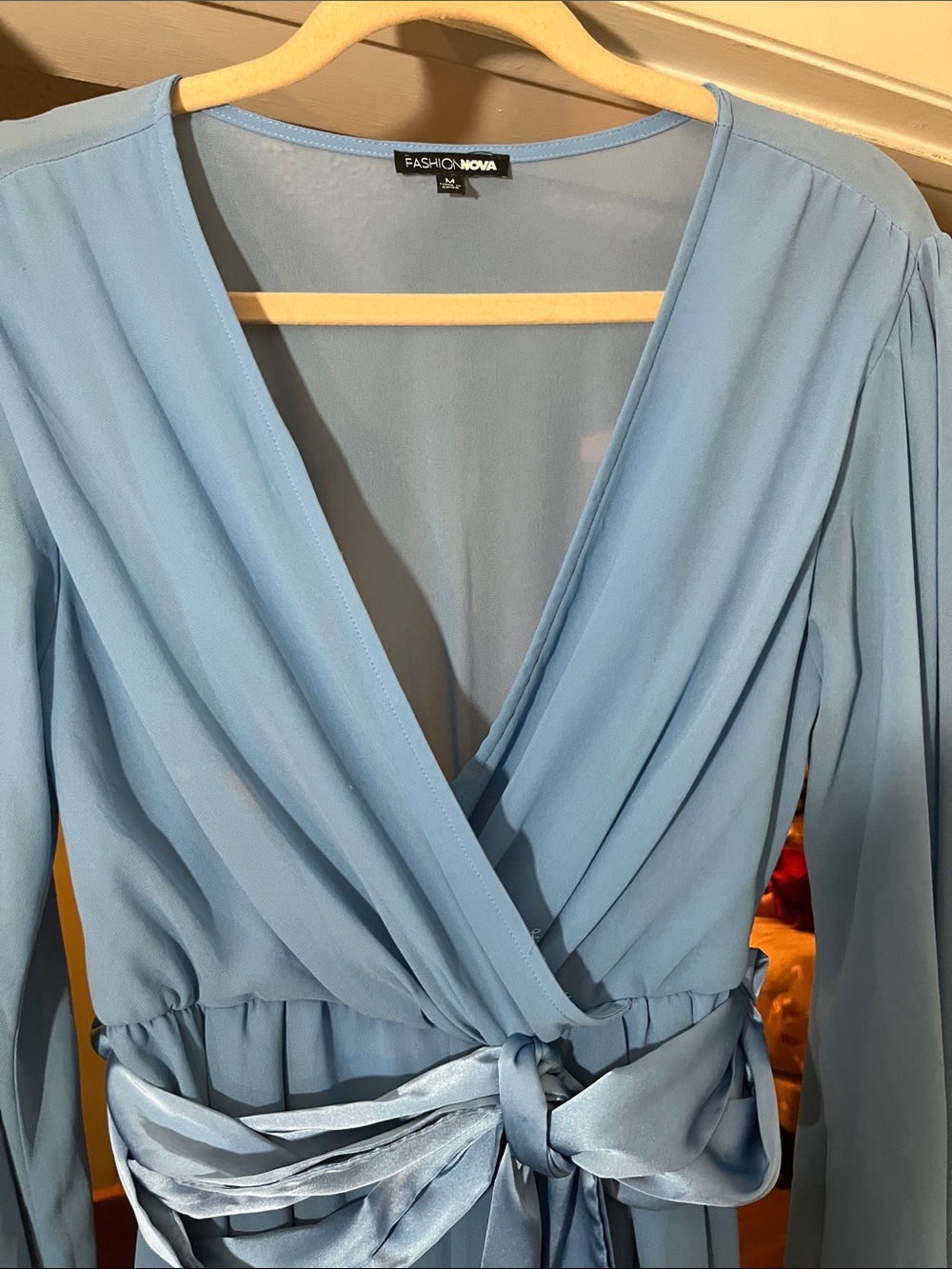 Fashion Nova Sky Blue Wrap Shorts Jumpsuit